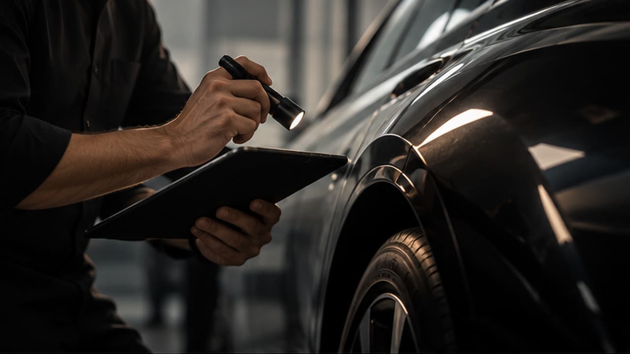 Profissional consultando informações de um veículo durante uma avaliação